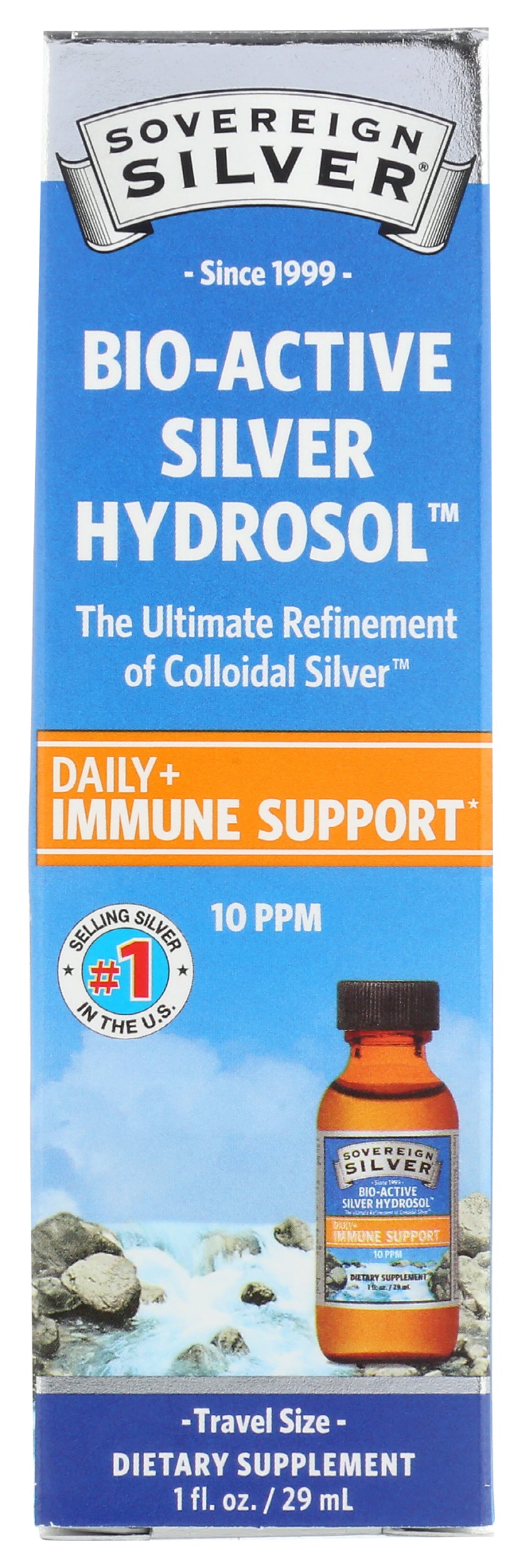 Sovereign Silver Bio-Active Silver Hydrosol Travel Size 1 Fl. Oz. Front of Box