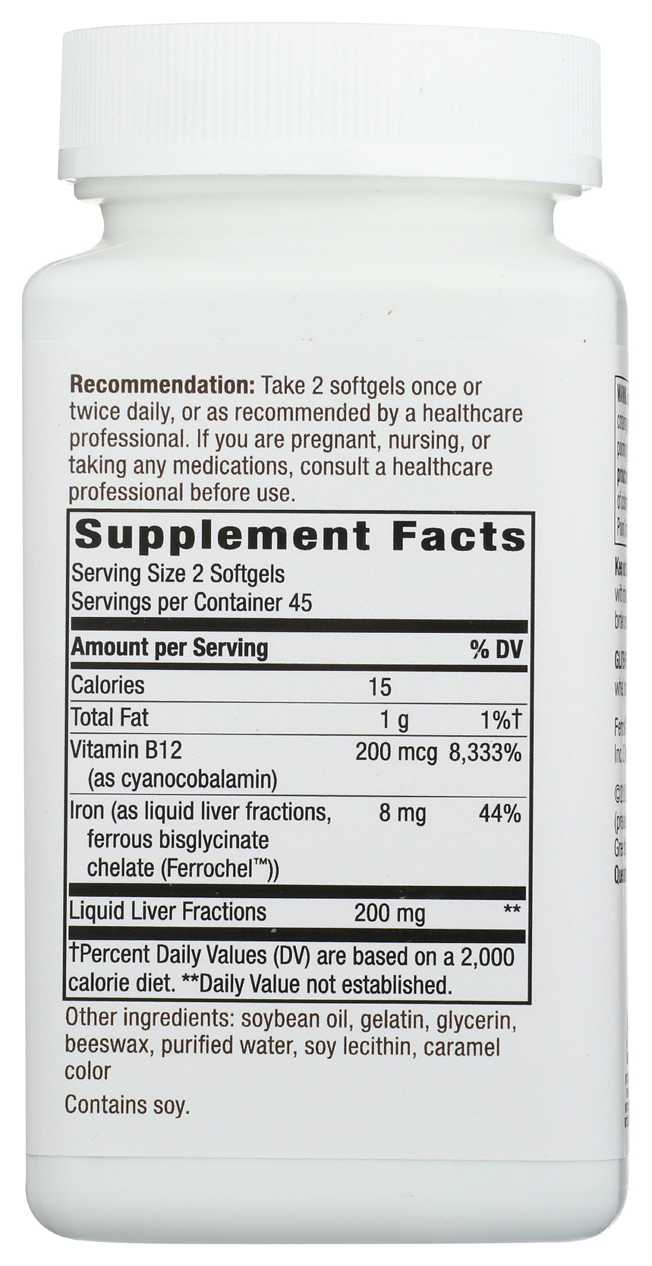 Nature's Way Energizing Iron 90 Softgels Back of Bottle