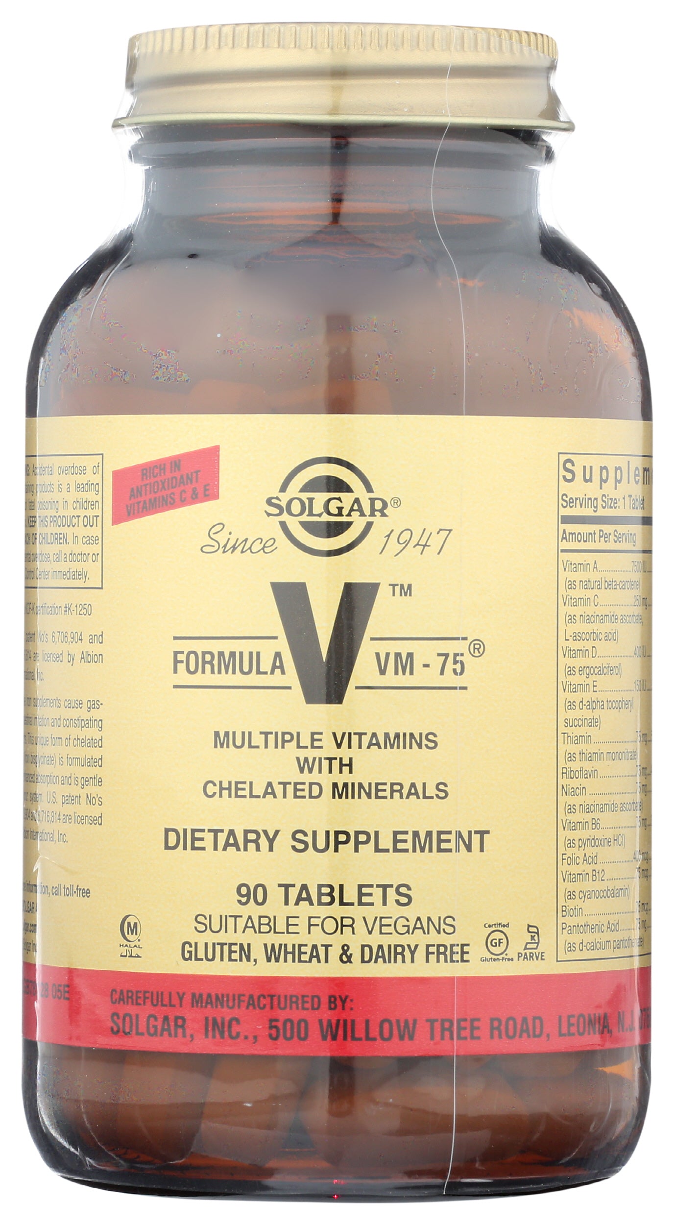 Solgar Formula V VM-75 Multi 90 Tablets Front of Bottle