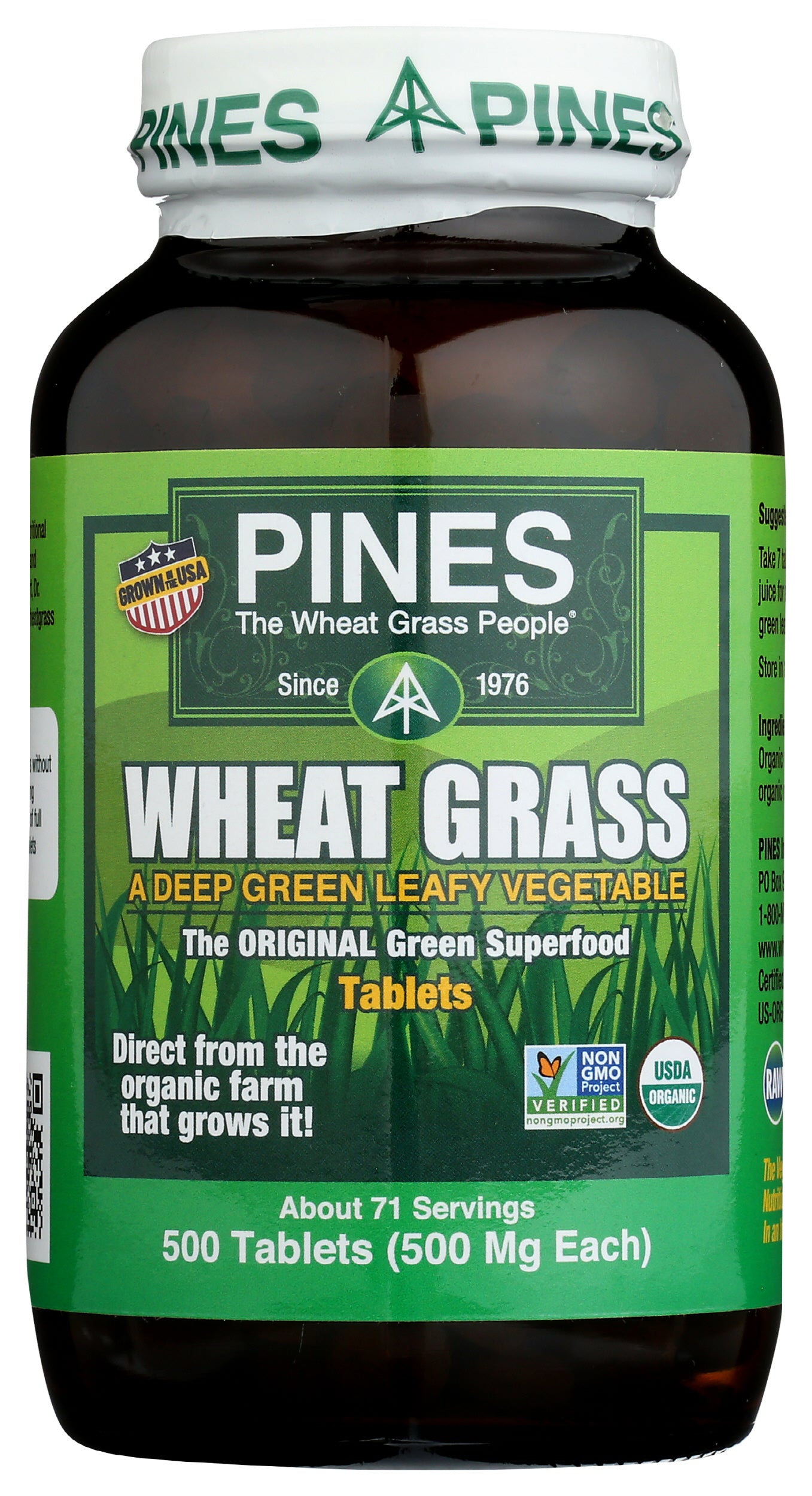 Pines Wheat Grass 500 Tablets Front of Bottle