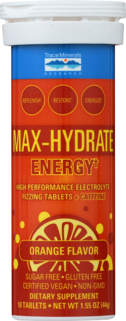 Trace Minerals Max Hydrate Energy Orange 10 Effervescent Tablets Front of Tube