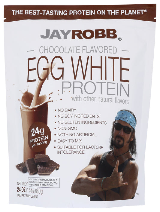 Jay Robb Chocolate Flavored Egg White Protein Powder 24oz Front of Bag