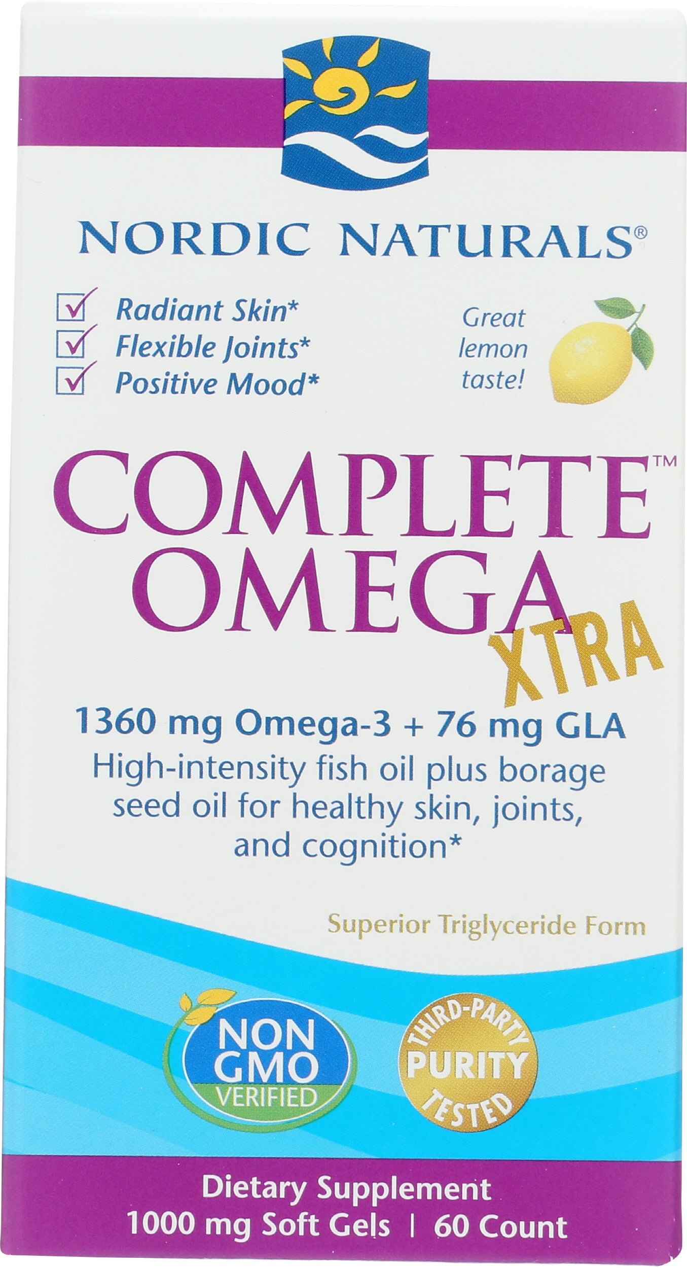Nordic Naturals Complete Omega Xtra 1360 mg + 76 mg GLA 60 Soft Gels Front of Box