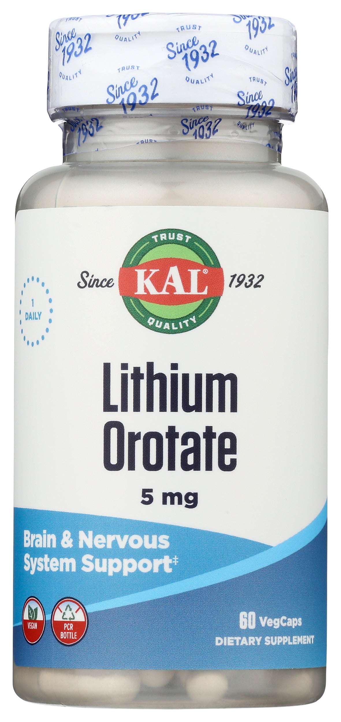 KAL Lithium Orotate 5mg 60 VegCaps Front of Bottle
