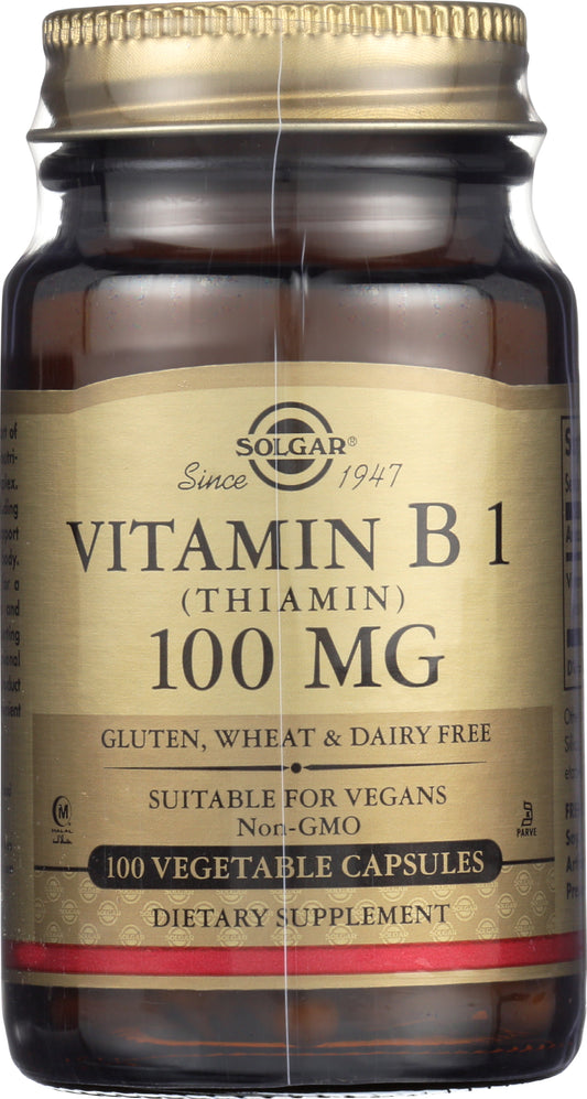 Solgar Vitamin B 1 (Thiamin) 100 mg 100 Capsules Front of Bottle