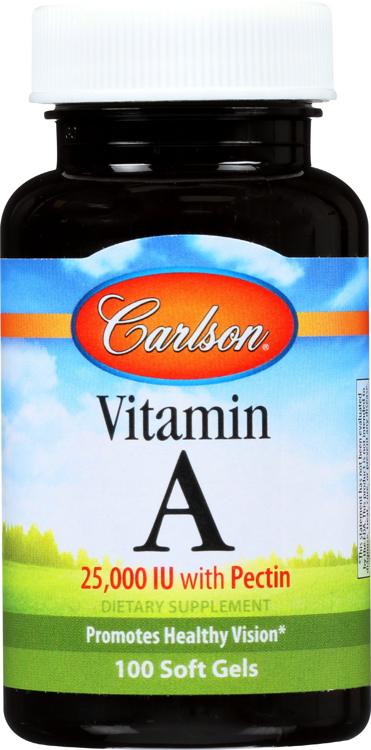 Carlson Vitamin A 25,000 IU with Pectin 100 Soft Gels Front of Bottle