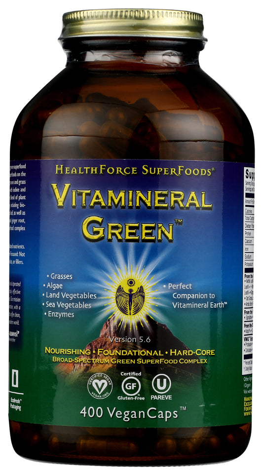 HealthForce SuperFoods Vitamineral Green 400 Vegan Caps Front of Bottle
