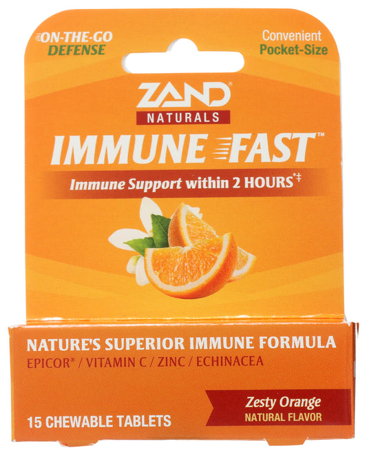 Zand Immunity Immune Fast 15 Zesty Orange Flavored Chewable Tablets Front of Box