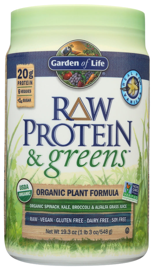 Garden of Life Raw Organic Protein & Greens Vanilla Flavor 550g Front of Tub