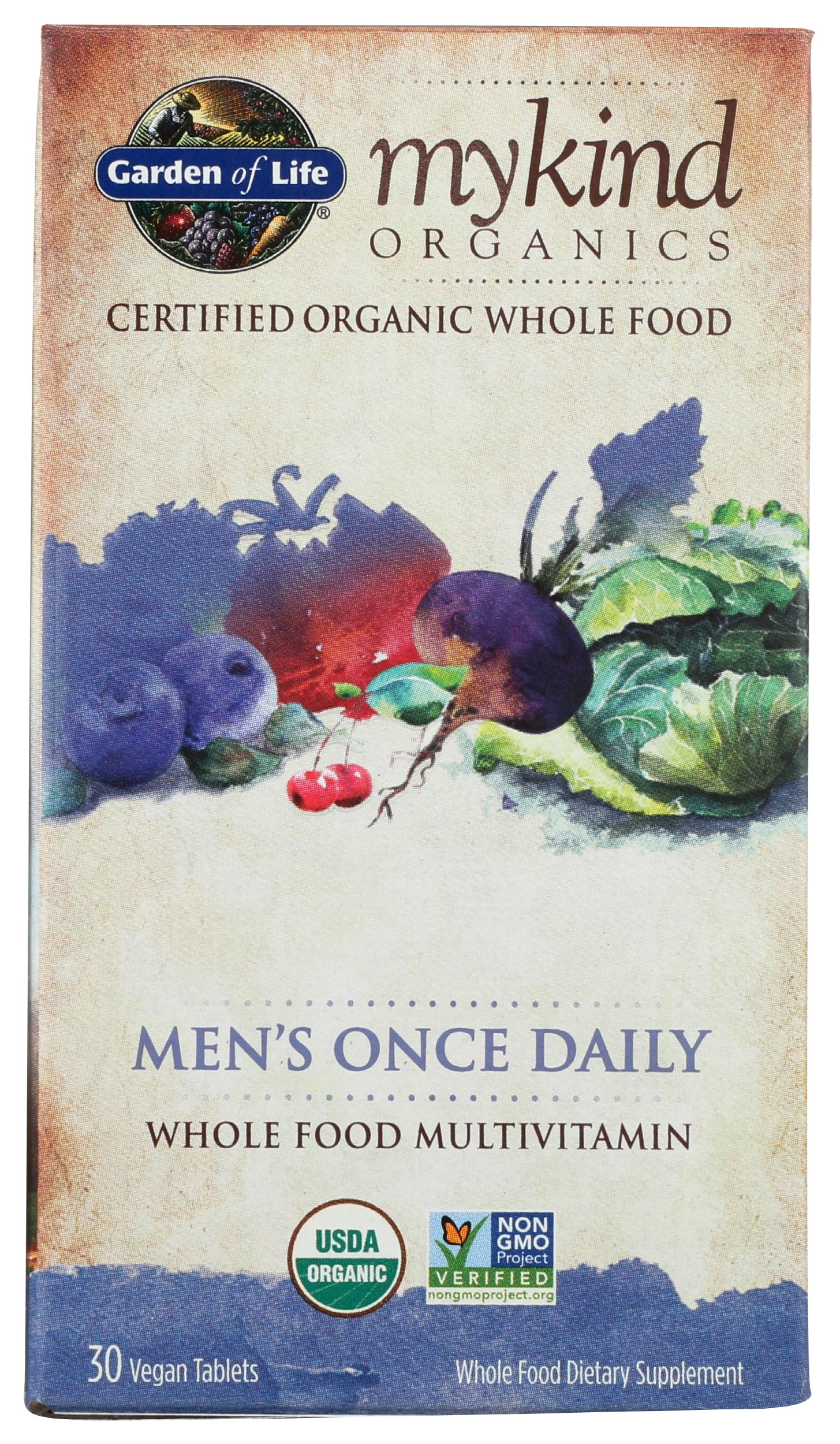 Garden of Life MyKind Organics Men's Multi 30 Vegan Tablets Front of Box