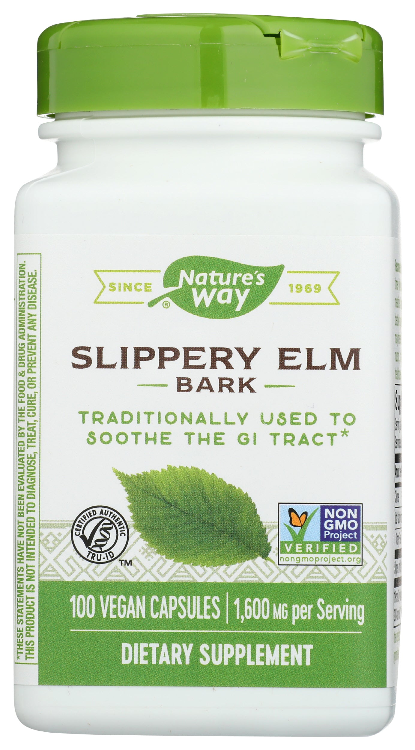 Nature's Way Slippery Elm Bark 1,600 mg 100 Vegan Capsules Front of Bottle