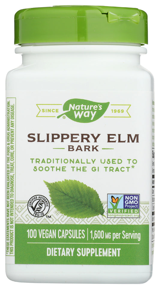 Nature's Way Slippery Elm Bark 1,600 mg 100 Vegan Capsules Front of Bottle