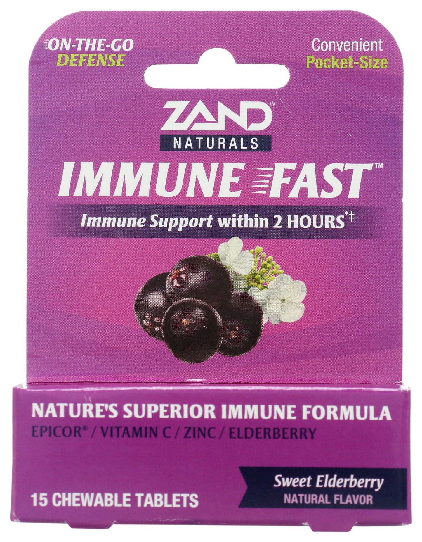 Zand Immunity Immune Fast 15 Sweet Elderberry Flavored Chewable Tablets Front of Box
