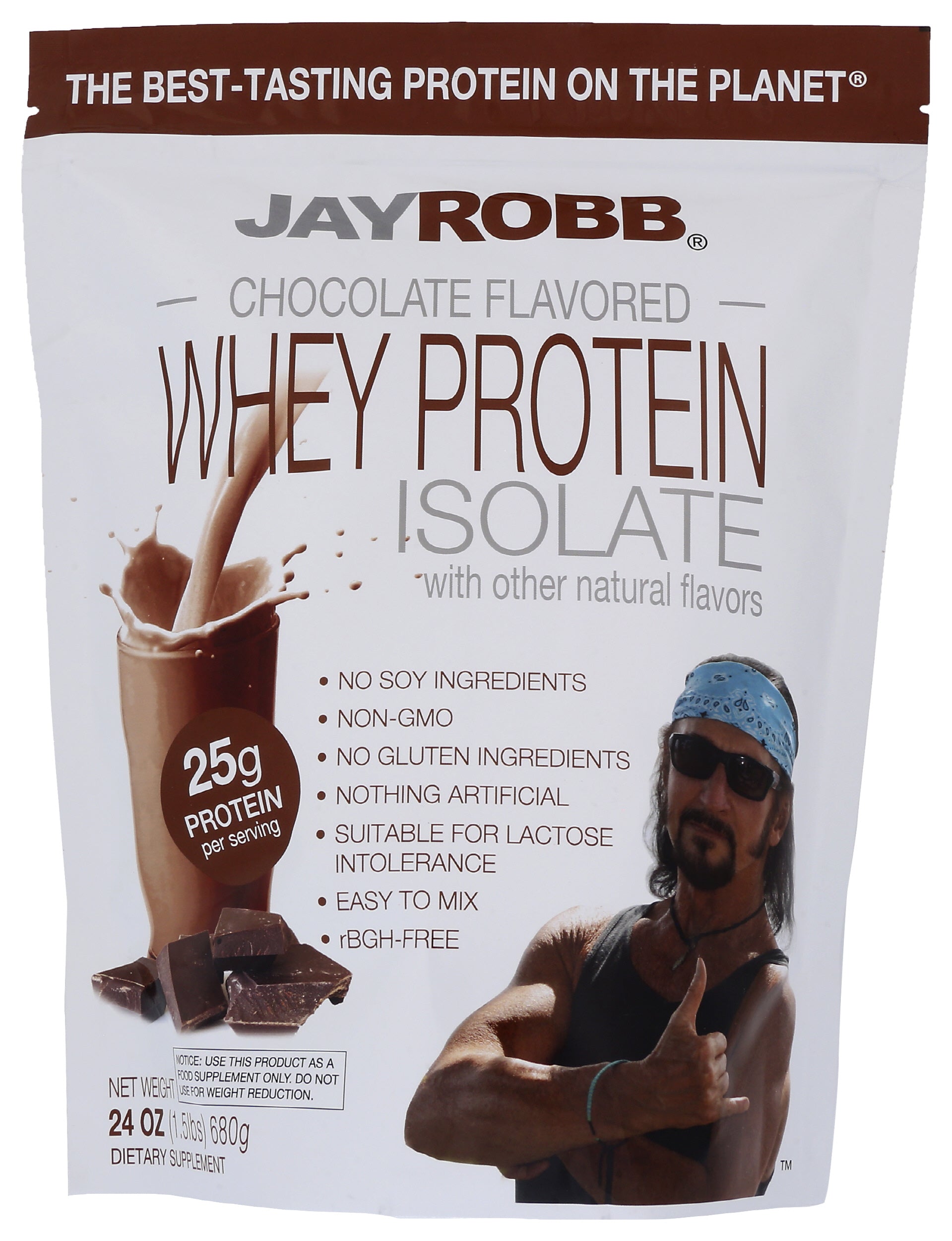 Jay Robb Chocolate Flavored Whey Protein Isolate 24 Oz Front of Bag