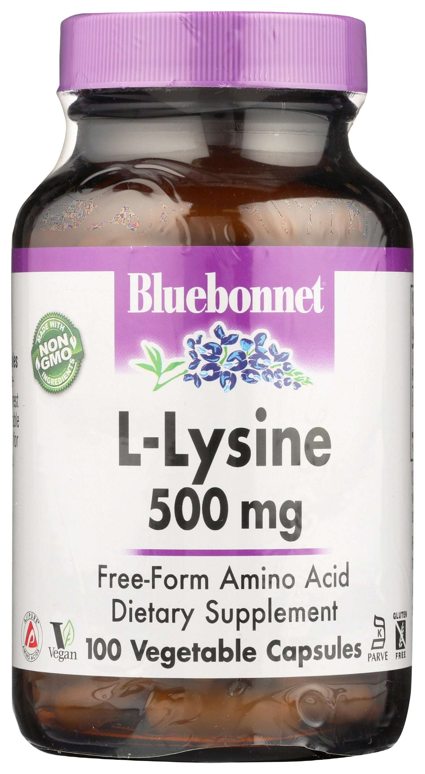 Bluebonnet L-Lysine 500 mg 100 Vegetable Capsules Front