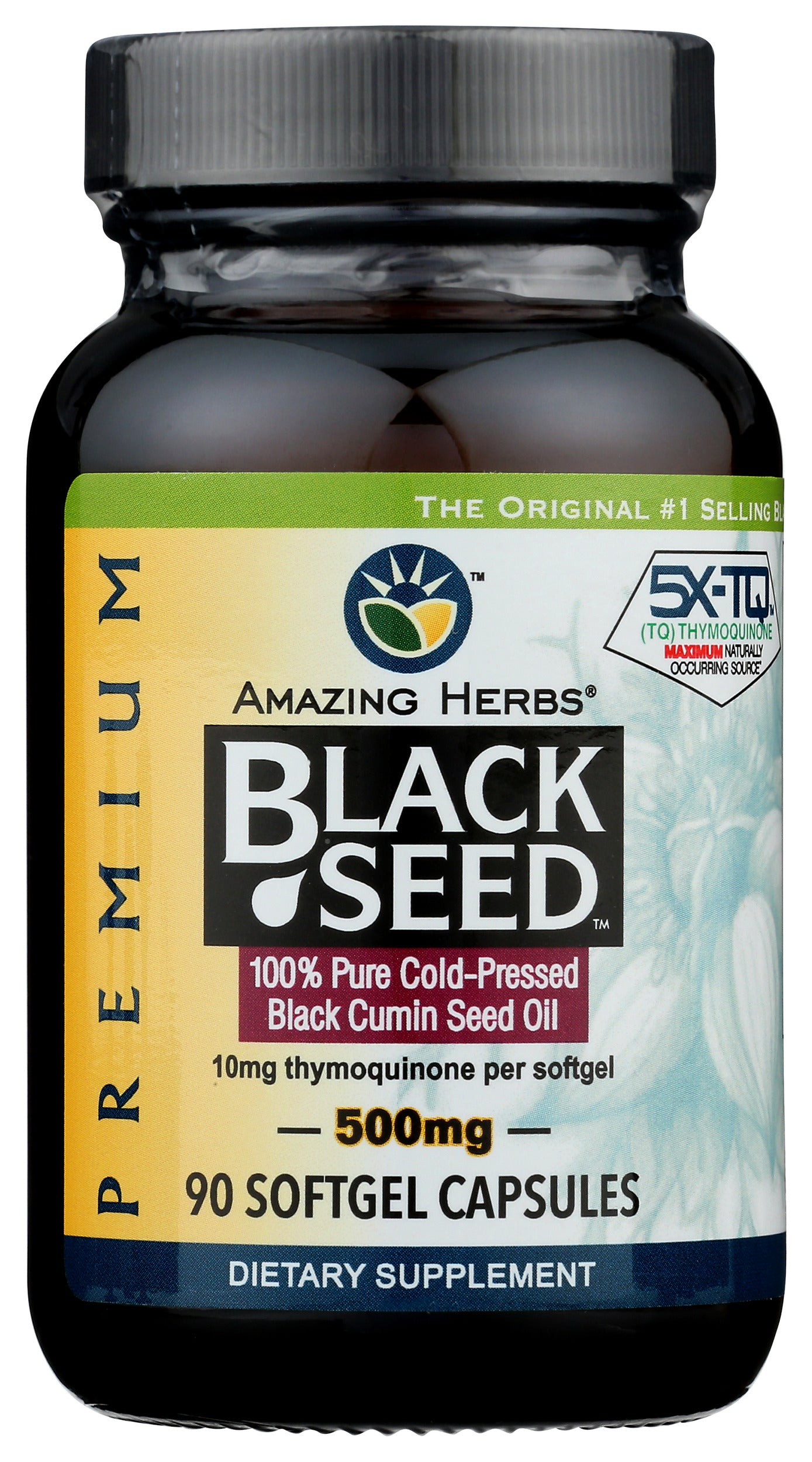Amazing Herbs Black Seed Oil 500mg 90 Softgel Capsules Front of Bottle