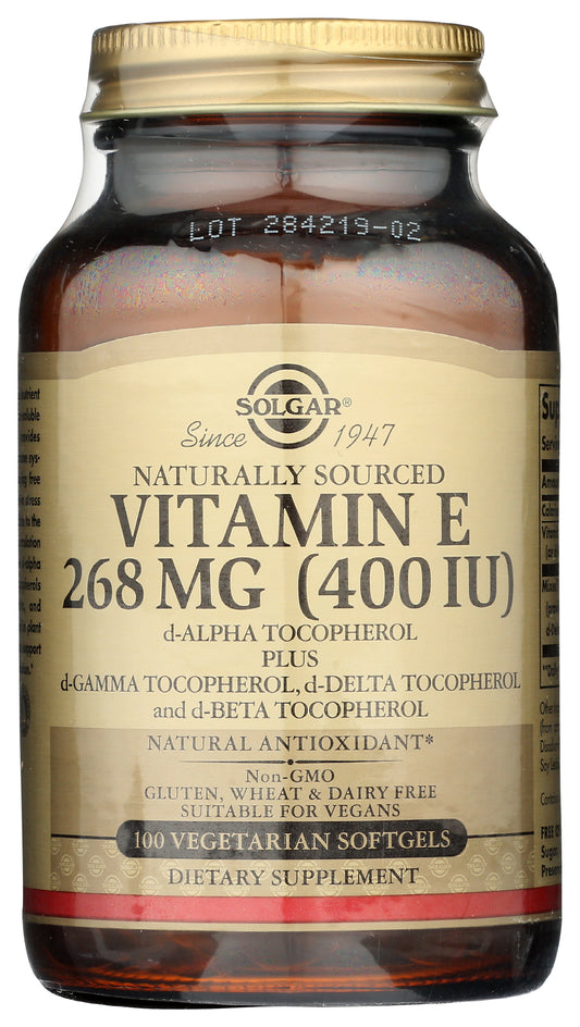 Solgar Vitamin E 268mg 100 Vegan Softgels Front of Bottle