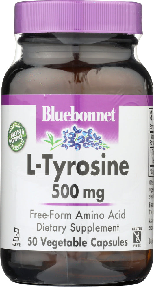 Bluebonnet L-Tyrosine 500 mg 50 Vegetable Capsules Front