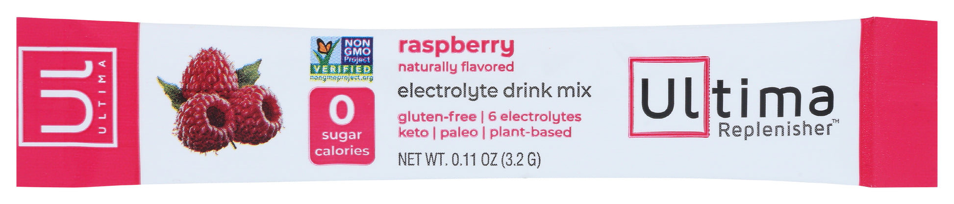 Ultima Replenisher Electrolyte Mix Raspberry Flavor 3.2g Front of Packet