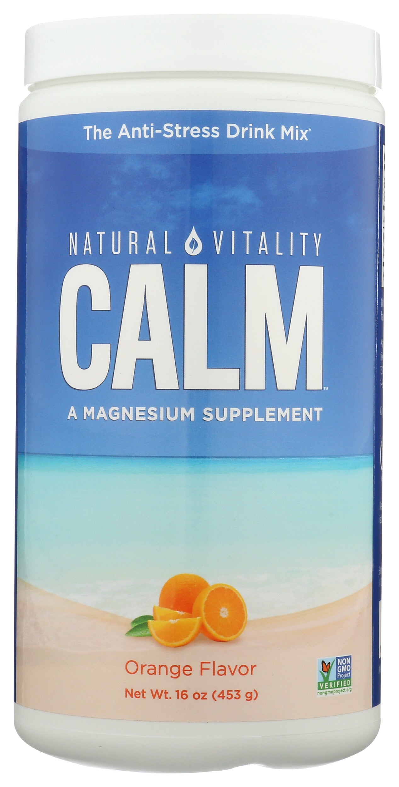 Natural Vitality Calm Magnesium Supplement Orange Flavor 16oz Front of Bottle
