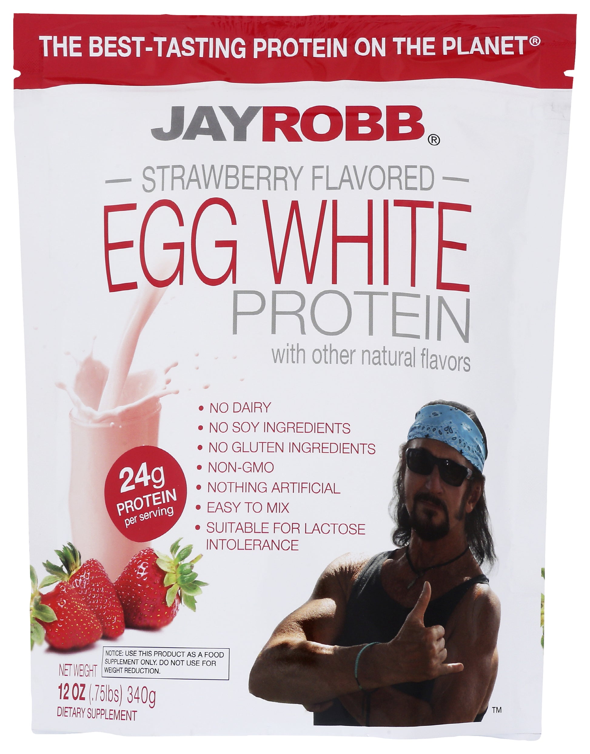 Jay Robb Strawberry Flavored Egg White Protein Powder 12oz Front of Bag