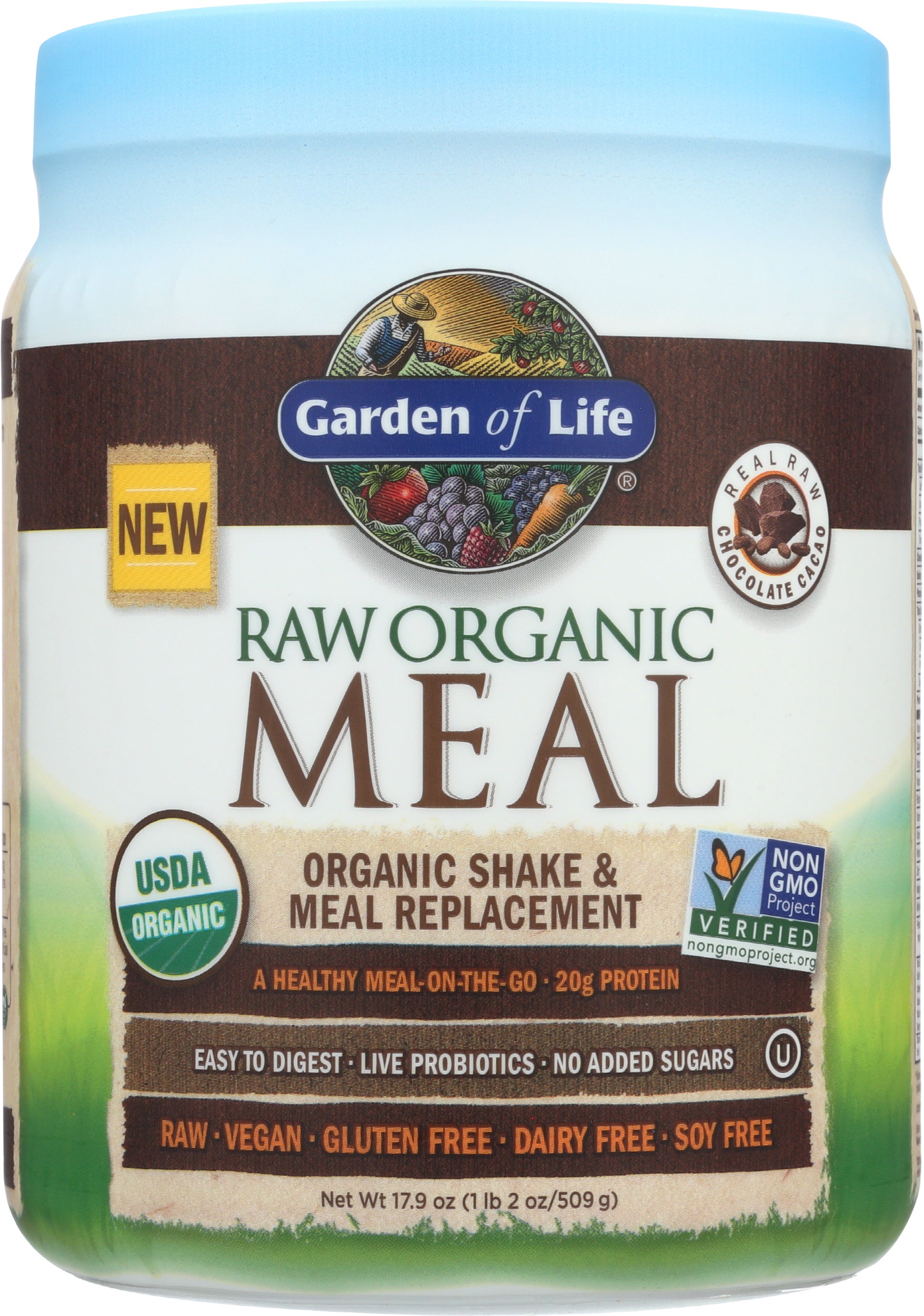 Garden of Life Raw Organic Meal Chocolate Cacao Flavor 509g Front of Tub
