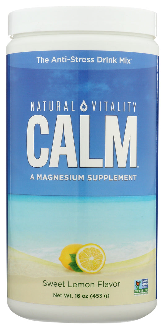 Natural Vitality Calm Magnesium Supplement Lemon Flavor 16oz Front of Bottle