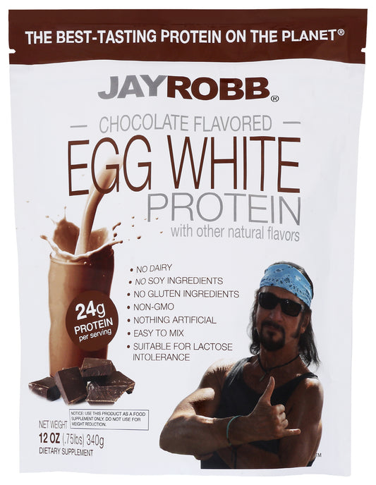 Jay Robb Chocolate Flavored Egg White Protein Powder 12oz Front of Bag