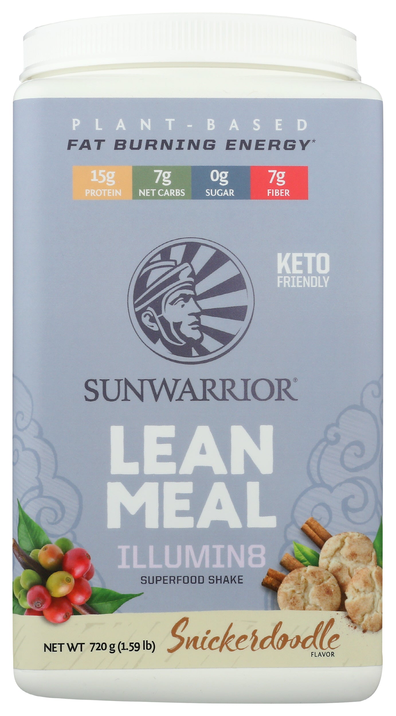 Sunwarrior Lean Meal Illumin8 Snickerdoodle Flavor 720g Front of Tub
