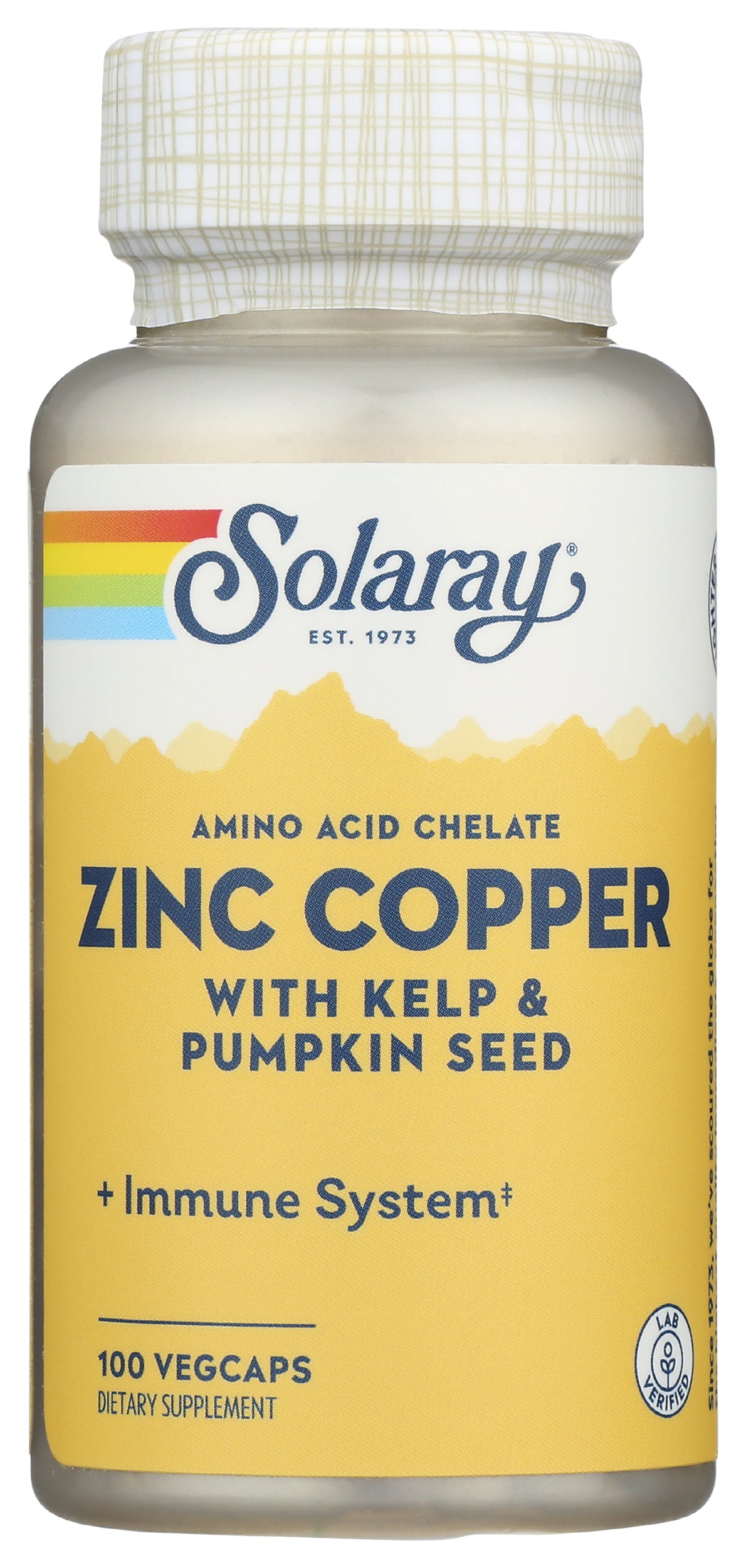 Solaray Zinc Copper with Kelp & Pumpkin Seed 100 VegCaps Front of Bottle
