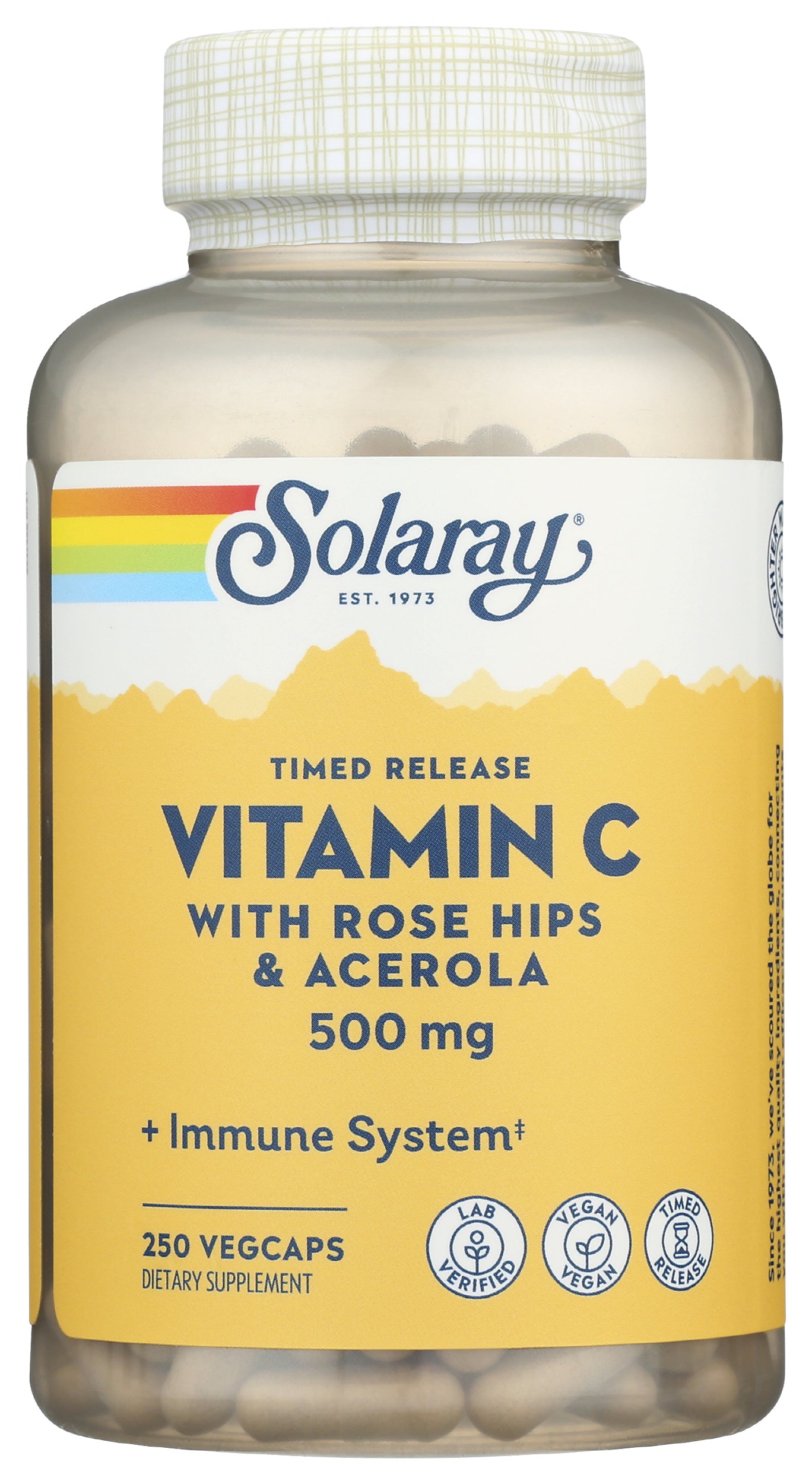 Solaray Timed Release Vitamin C with Rose Hips & Acerola 500mg 250 VegCaps Front of Bottle