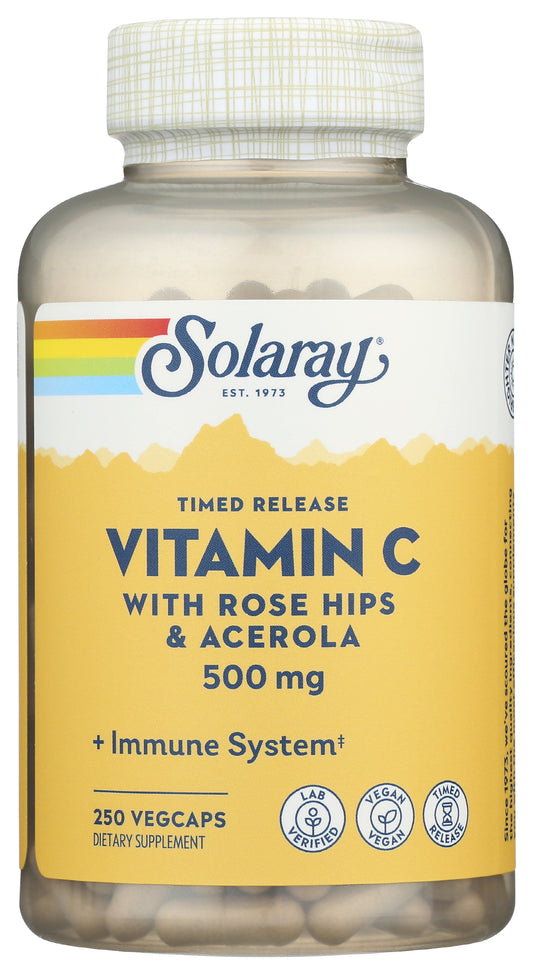 Solaray Timed Release Vitamin C with Rose Hips & Acerola 500mg 250 VegCaps Front of Bottle