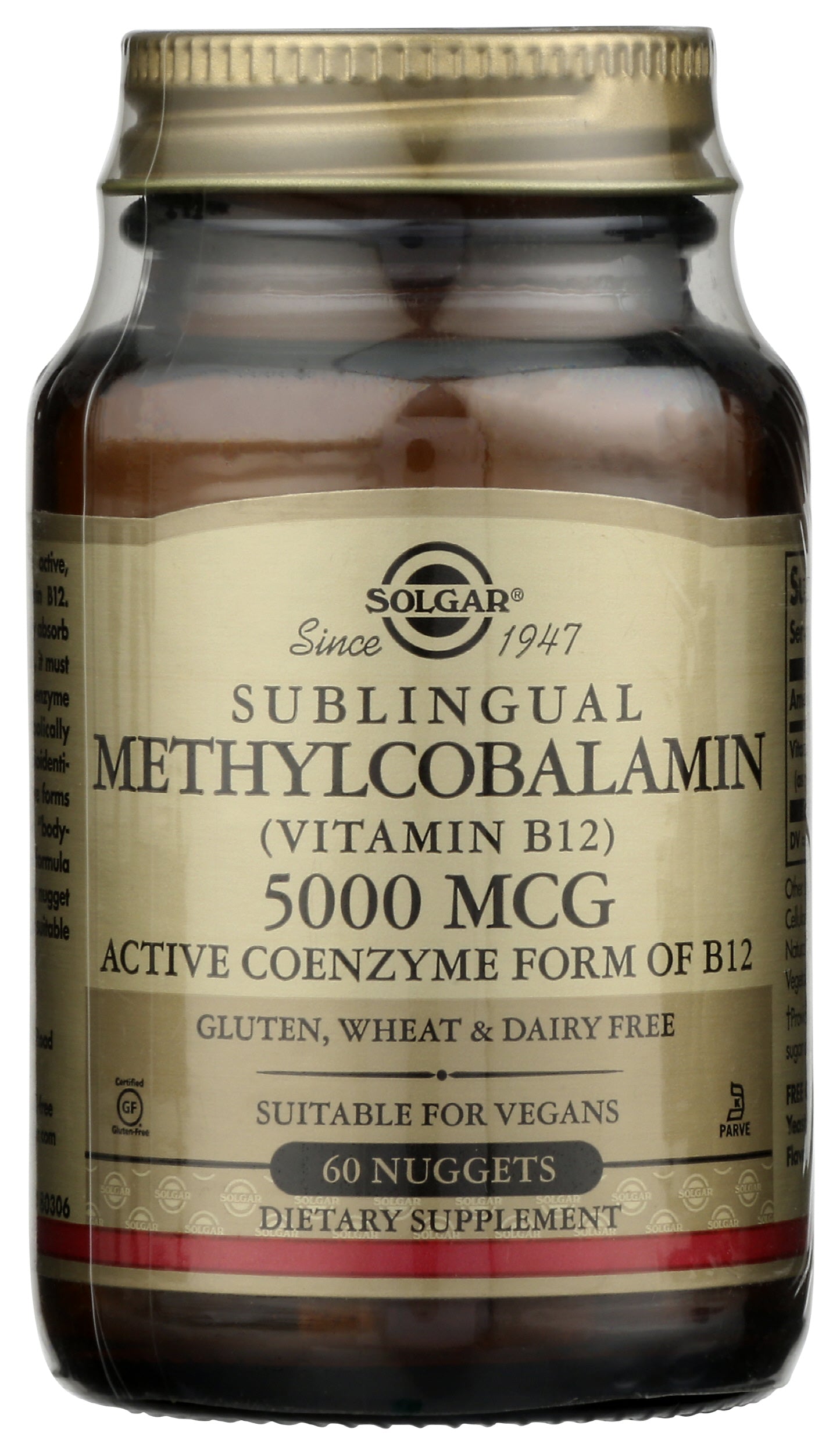 Solgar Methylcobalamin Vitamin B-12 5000 mcg 60 Nuggets Front of Bottle