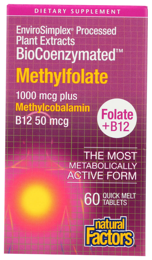 Natural Factors Methylfolate 1000 mcg + Methylcobalamin B12 50 mcg 60 Tablets Front of Box
