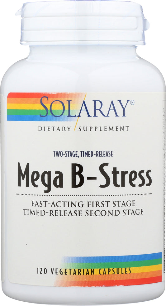 Solaray Timed Release Mega B-Stress 120 VegCaps Front of Bottle