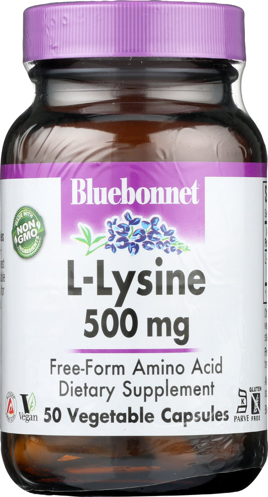 Bluebonnet L-Lysine 500 mg 50 Vegetable Capsules Front