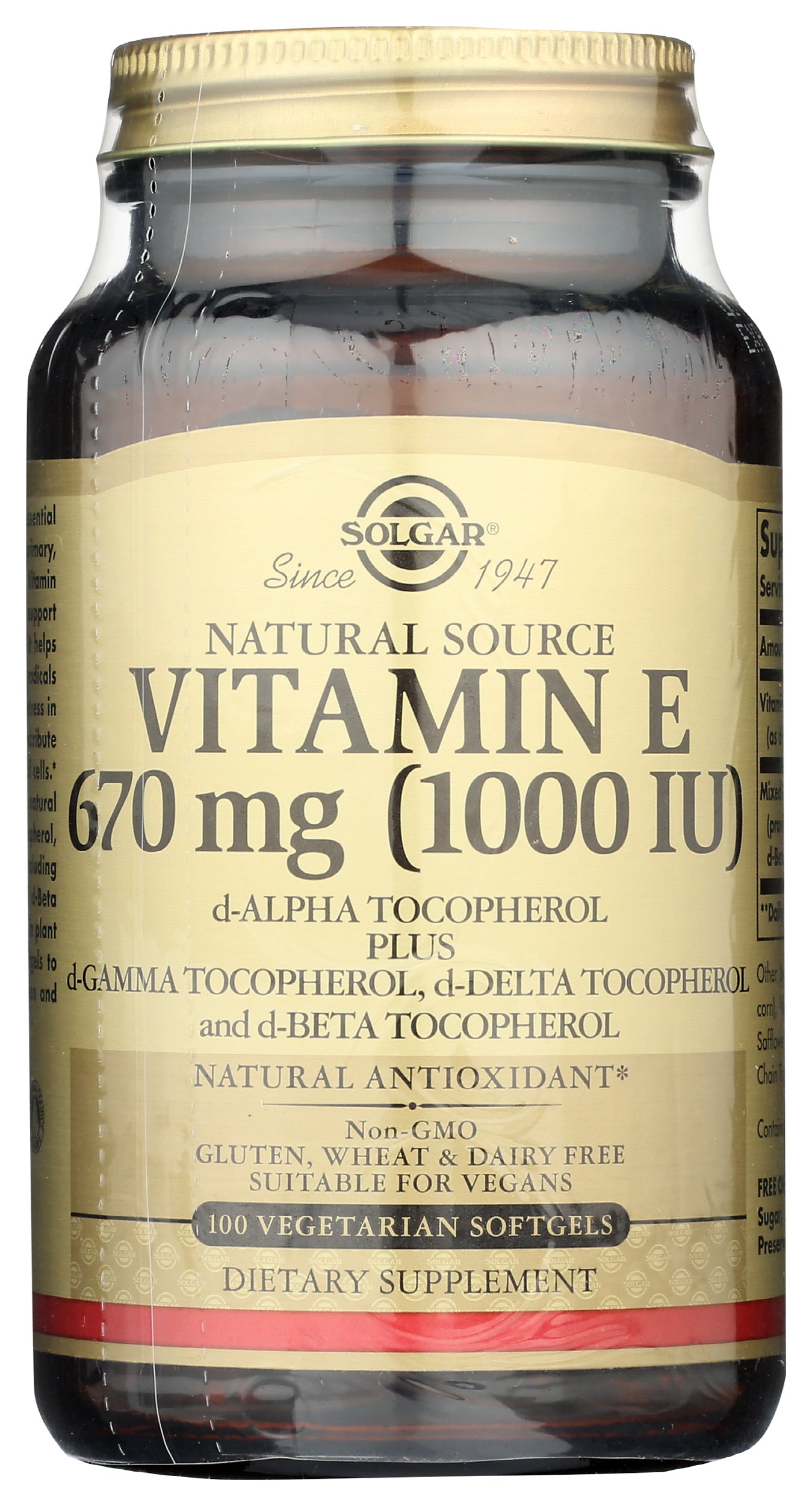 Solgar Vitamin E 670mg 100 Vegan Softgels Front of Bottle