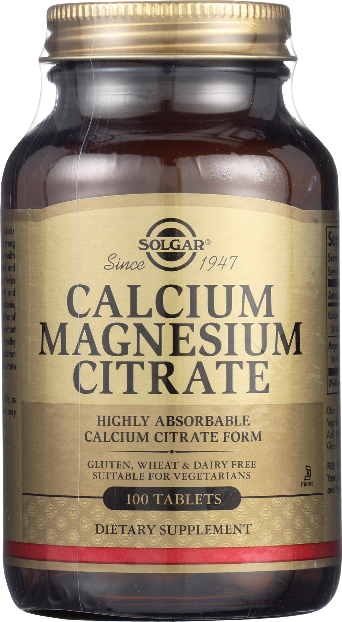 Solgar Calcium Magnesium Citrate 100 Tablets Front of Bottle