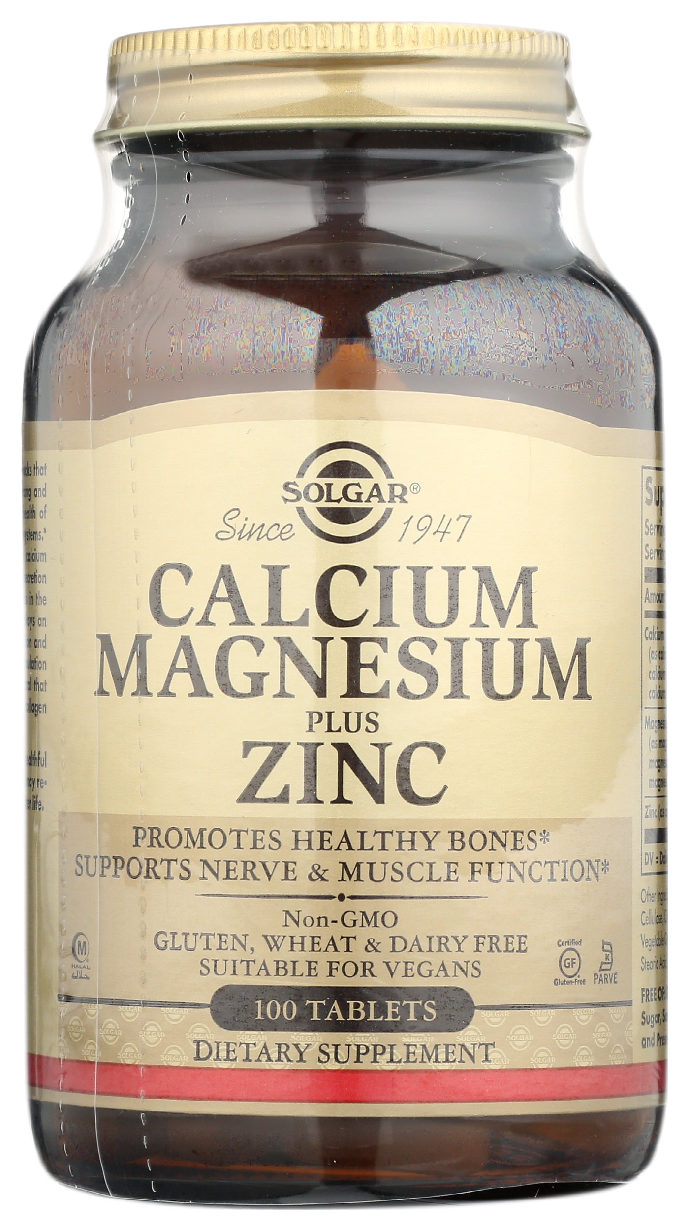 Solgar Calcium Magnesium plus Zinc 100 Tablets Front of Bottle