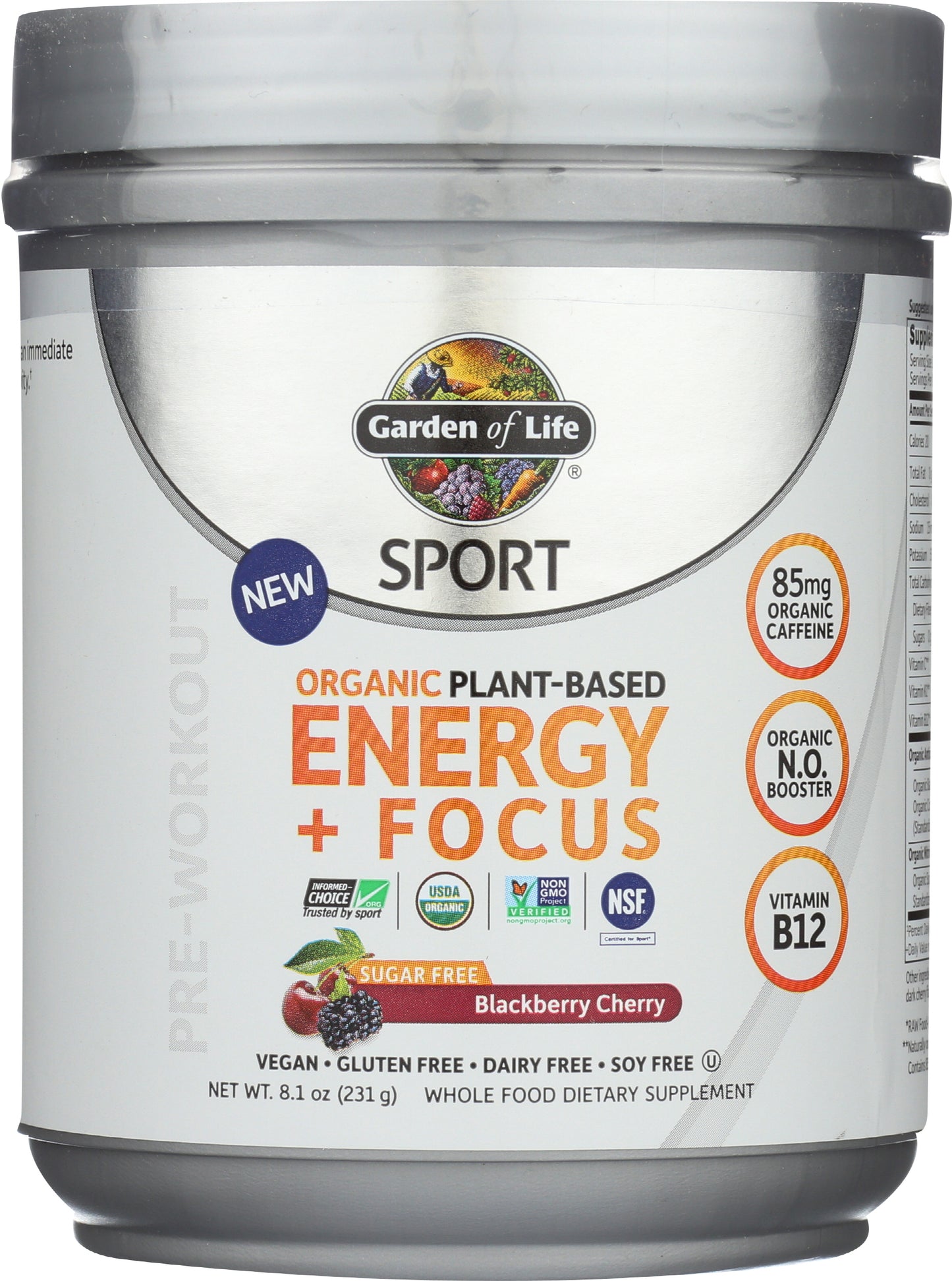 Garden of Life Sport Energy + Focus Blackberry Cherry Flavor 231g Front of Tub
