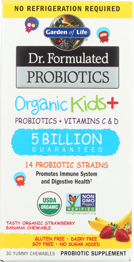 Garden of Life Organic Kids+ Probiotics Strawberry Banana Flavor 30 Chewables Front
