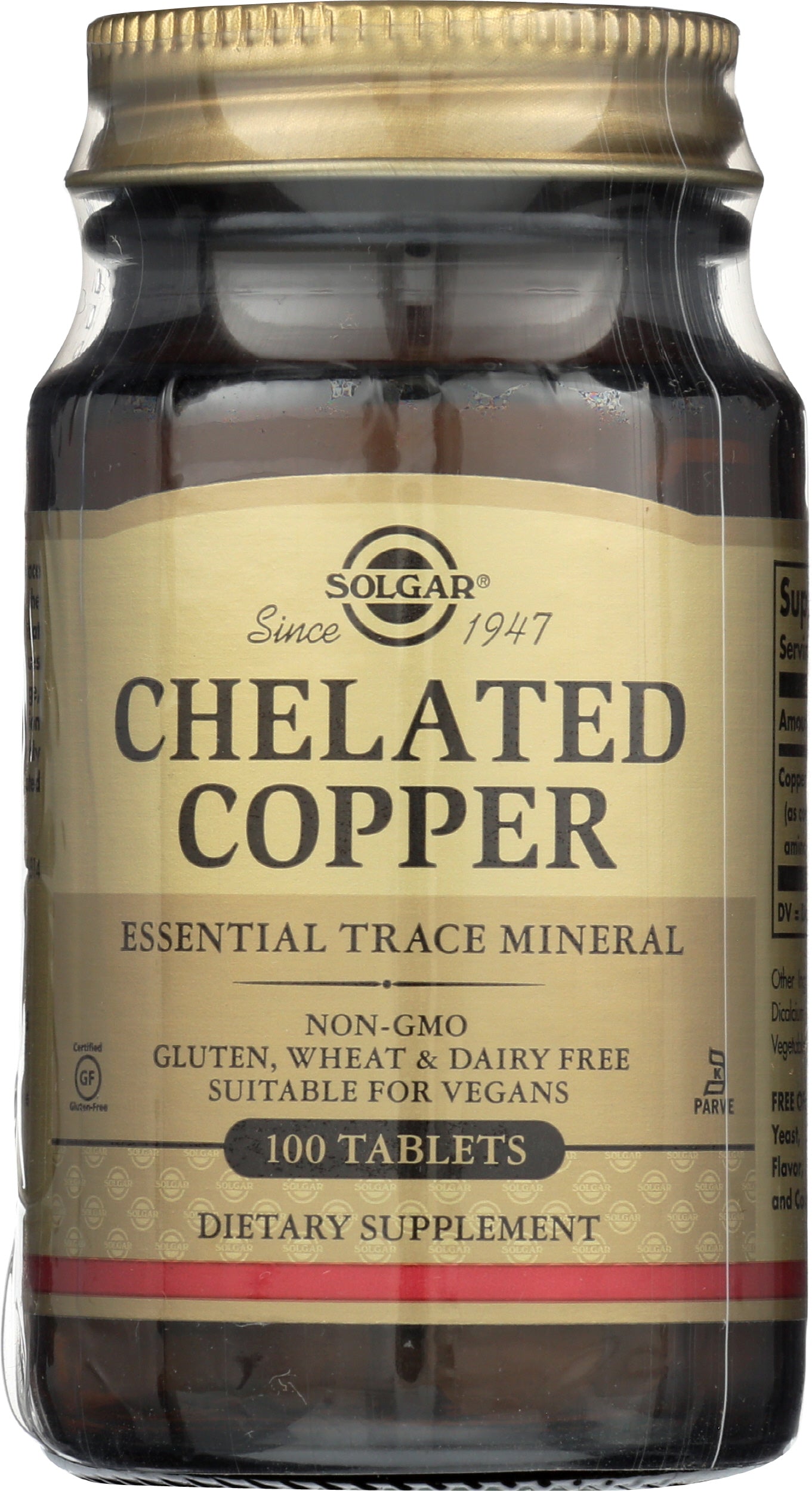 Solgar Chelated Copper 100 Tablets Front of Bottle