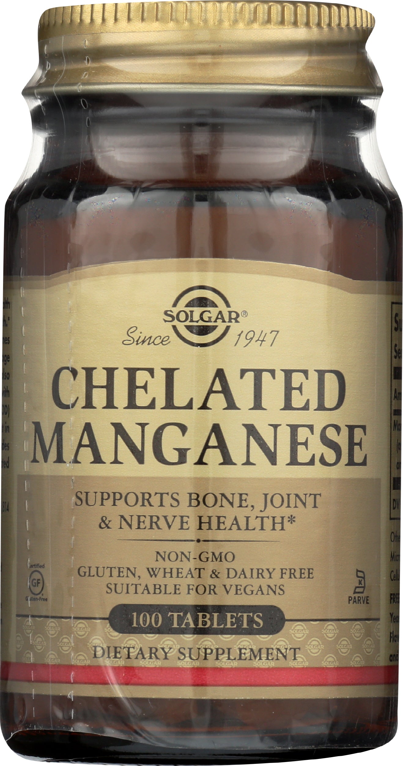 Solgar Chelated Manganese 100 Tablets Front of Bottle