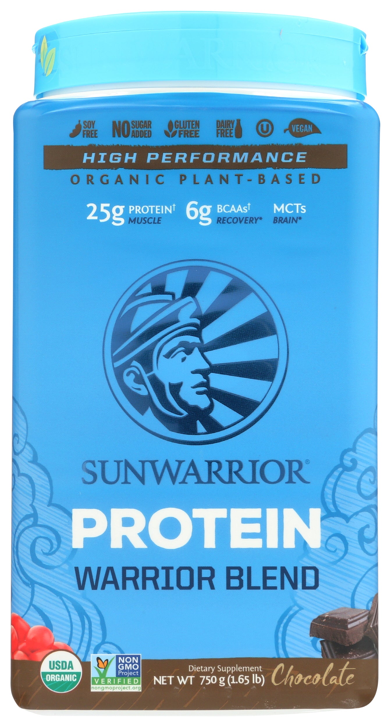 Sunwarrior Protein Powder Warrior Blend Chocolate Flavor 750g Front of Bottle
