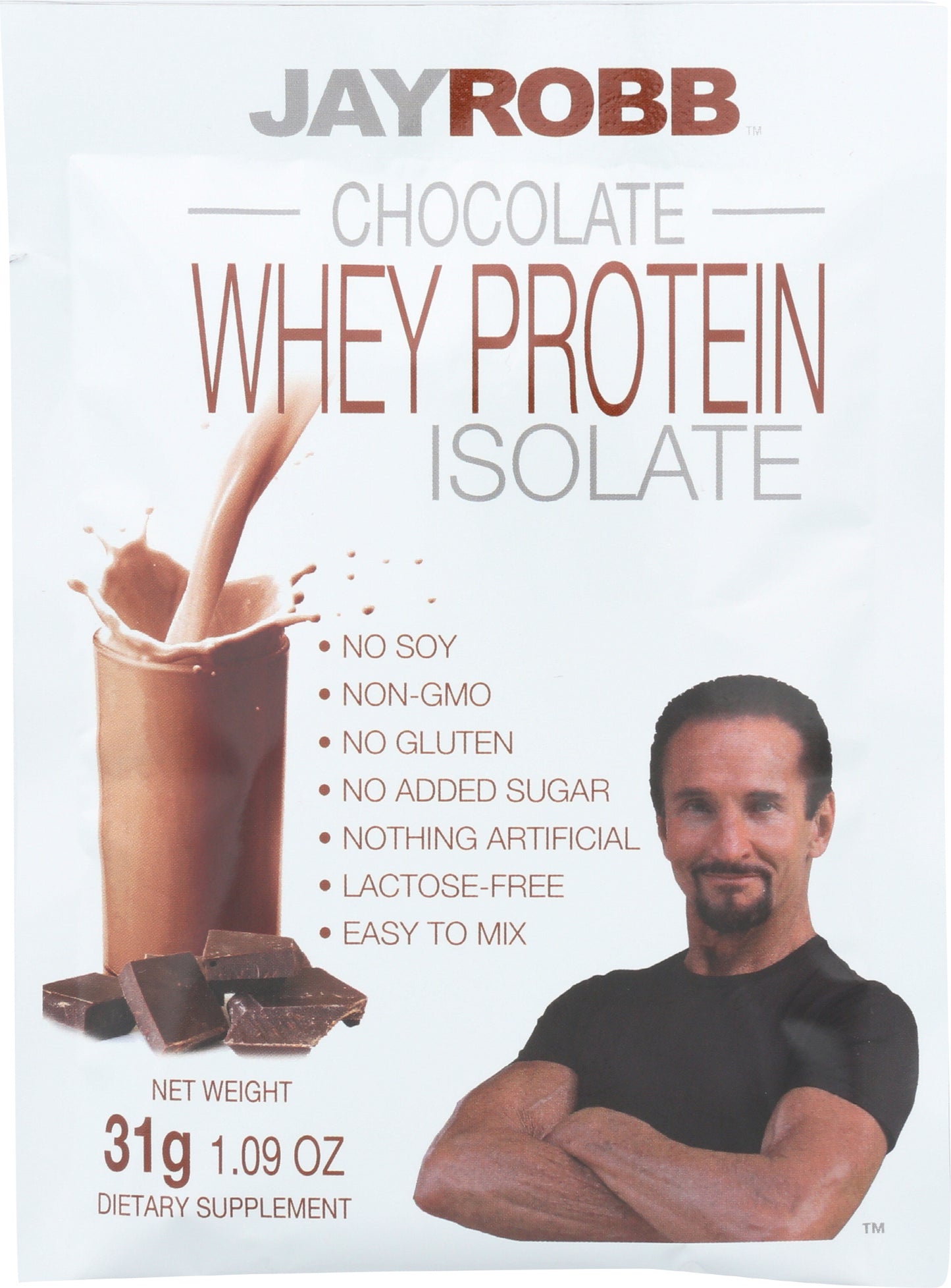 Jay Robb Chocolate Flavored Whey Protein Isolate 31g Front of Packet