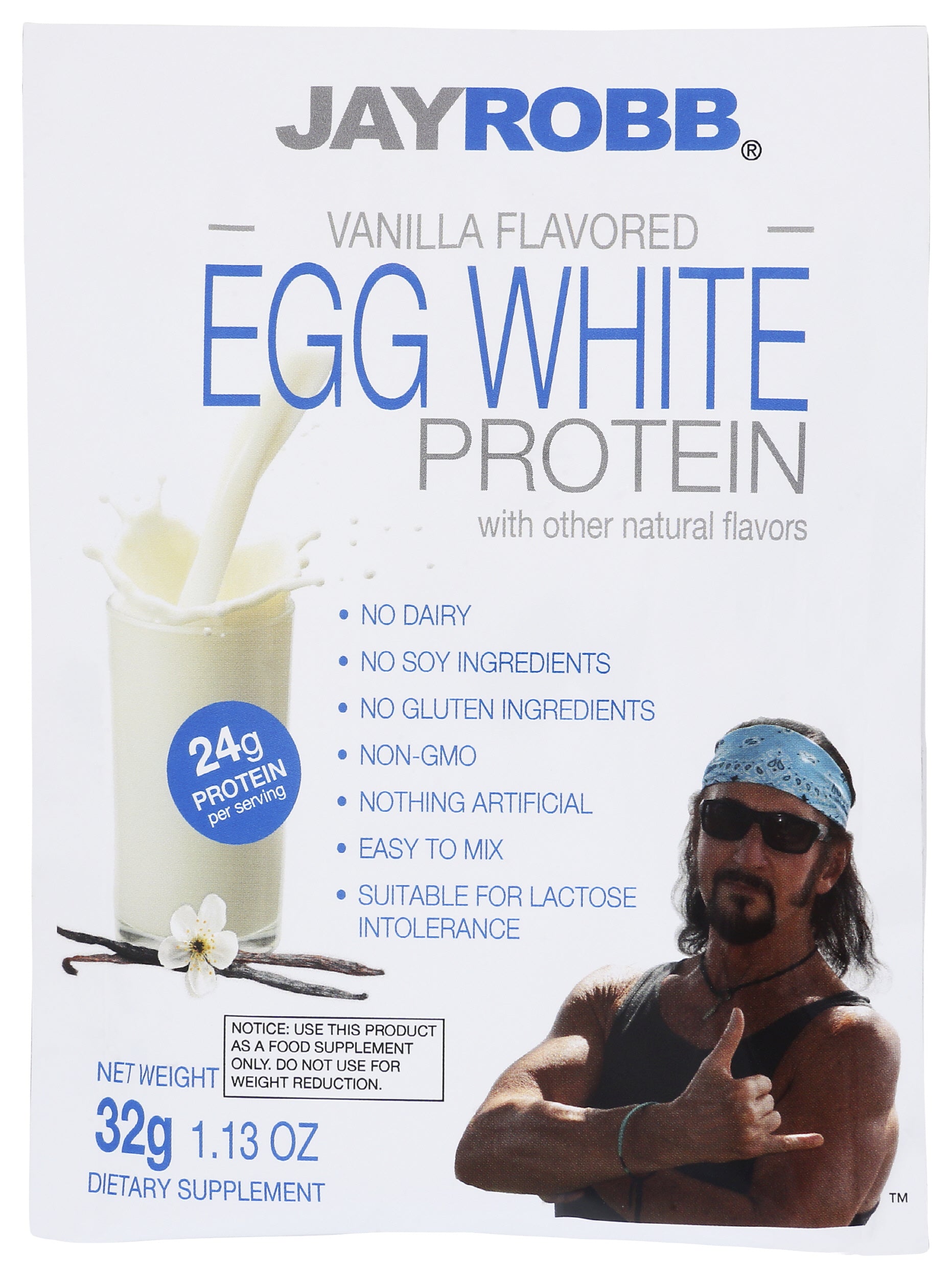 Jay Robb Vanilla Flavored Egg White Protein Powder 32g Front of Bag