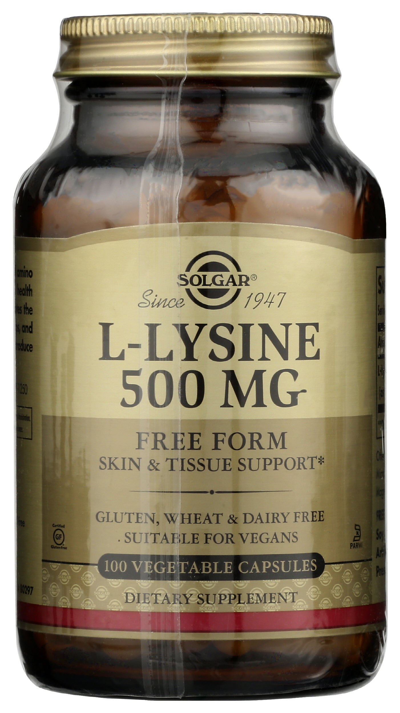 Solgar L-Lysine 500 mg 100 Vegetable Capsules Front