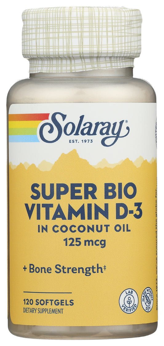 Solaray Super Bio Vitamin D-3 in Coconut Oil 125 mcg 120 Soft Gels Front of Bottle