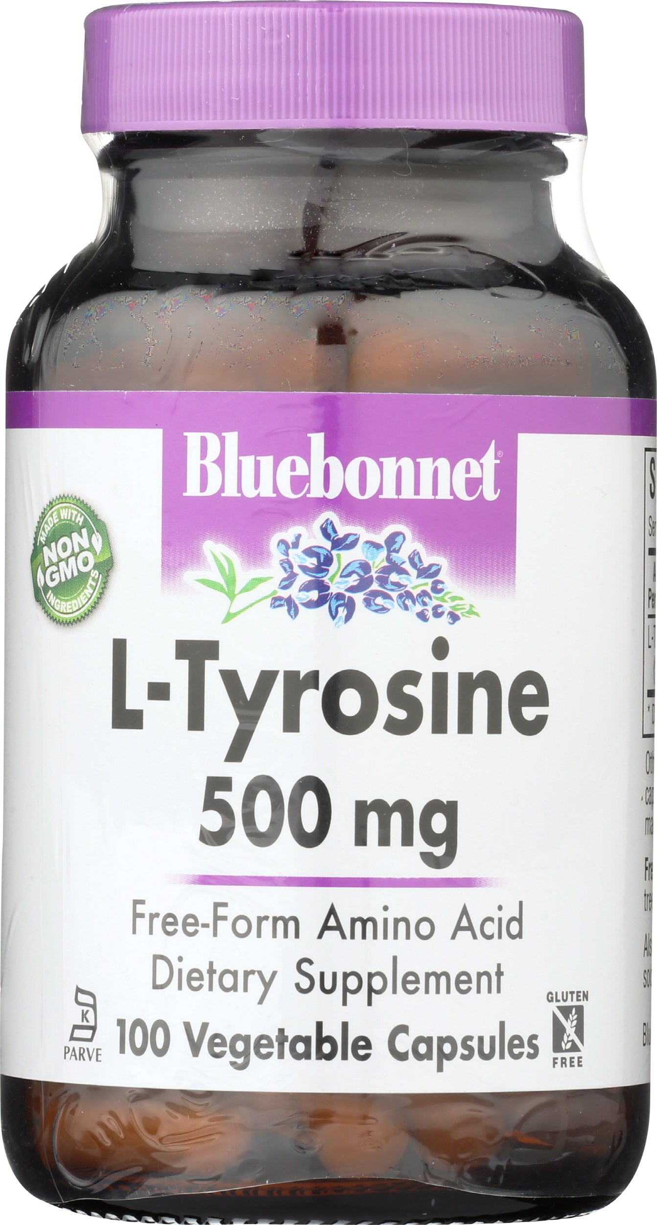 Bluebonnet L-Tyrosine 500 mg 100 Vegetable Capsules Front