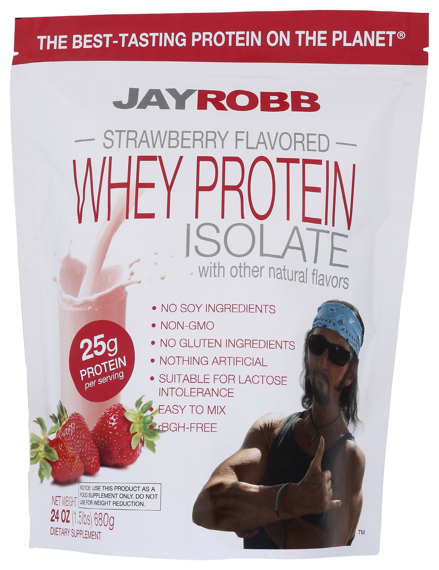 Jay Robb Strawberry Flavored Whey Protein Isolate 24 Oz Front of Bag